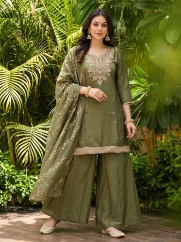 Women's Silk Blend Embroidered Straight Kurta Set With Palazzo And Dupatta