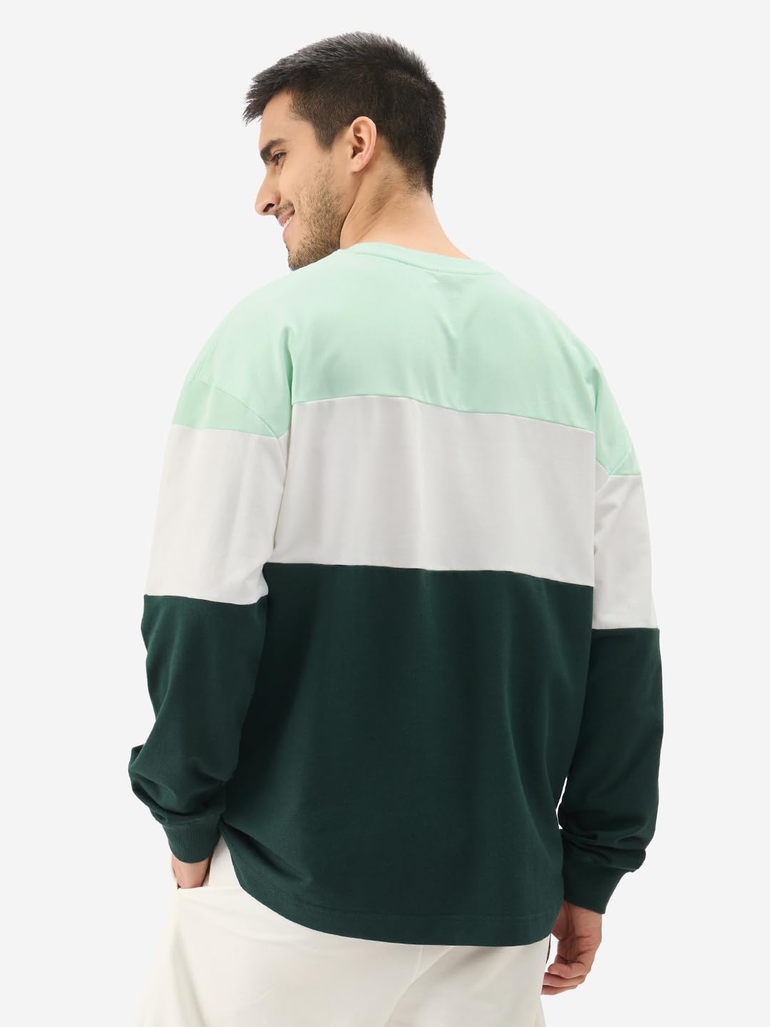 The Souled Store Jasper Men and Boys Round Neck Green and White Colorblock Full Sleeve Oversized T-Shirts Oversized Men's T-Shirts Solid Tees Casual Fashion Relaxed Fit Full Sleeves Round Neck