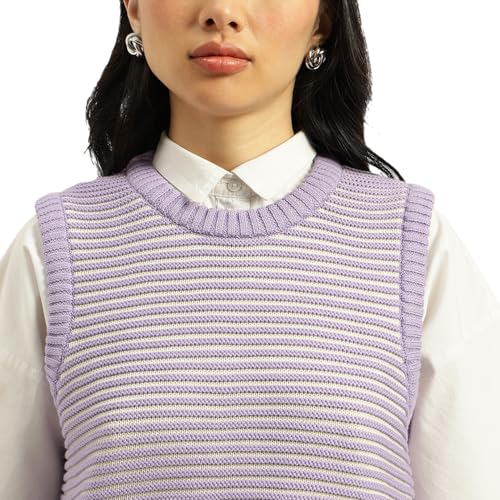 United Colors of Benetton Round Neck Stripe Sweater (Size: L)-25A1594D108XG2K1 Purple