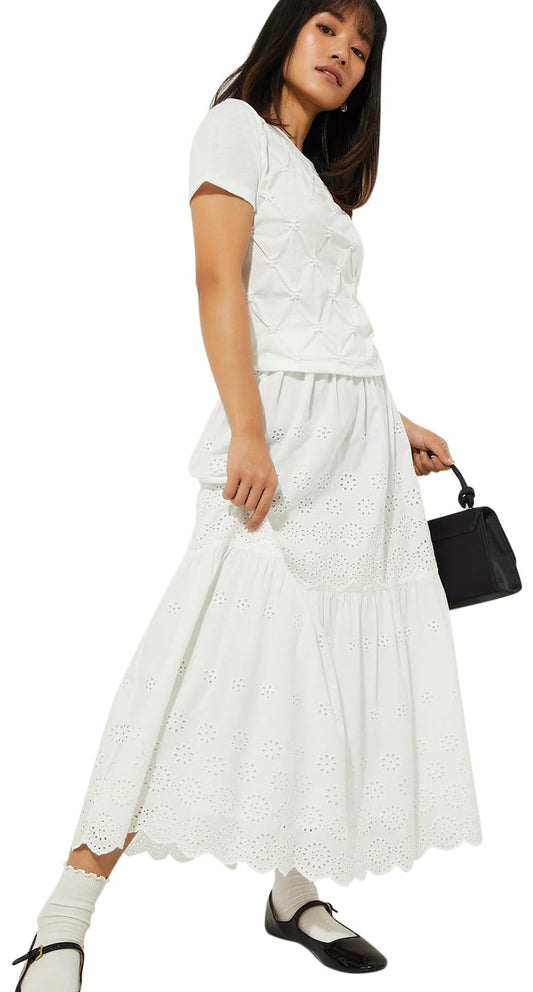 Max URB_N Women Schiffili Embroidered Tiered Skirt (Ivory_S)