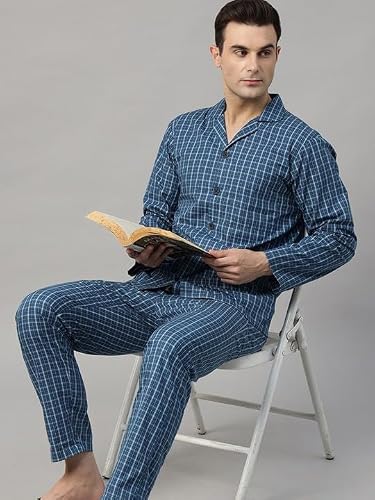 Hancock Men Checked Night Suit Blue Size M