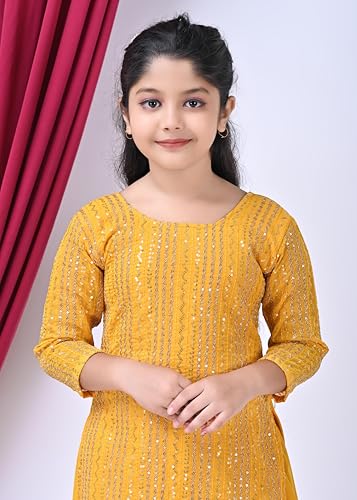 SPAMitude - Georgette Sequin Lehenga Kurta, Skirt and Dupatta Set for Girls – Ethnic Party Dress I Birthday Dress I Trendy Classic I Round Neck Full Sleeves (Yellow, 12 to 13 Years)