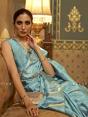 AKHILAM Women's Silk Blend Woven Design Saree With Unstitched Blouse Piece (Blue_KANDNA221005_RJ)