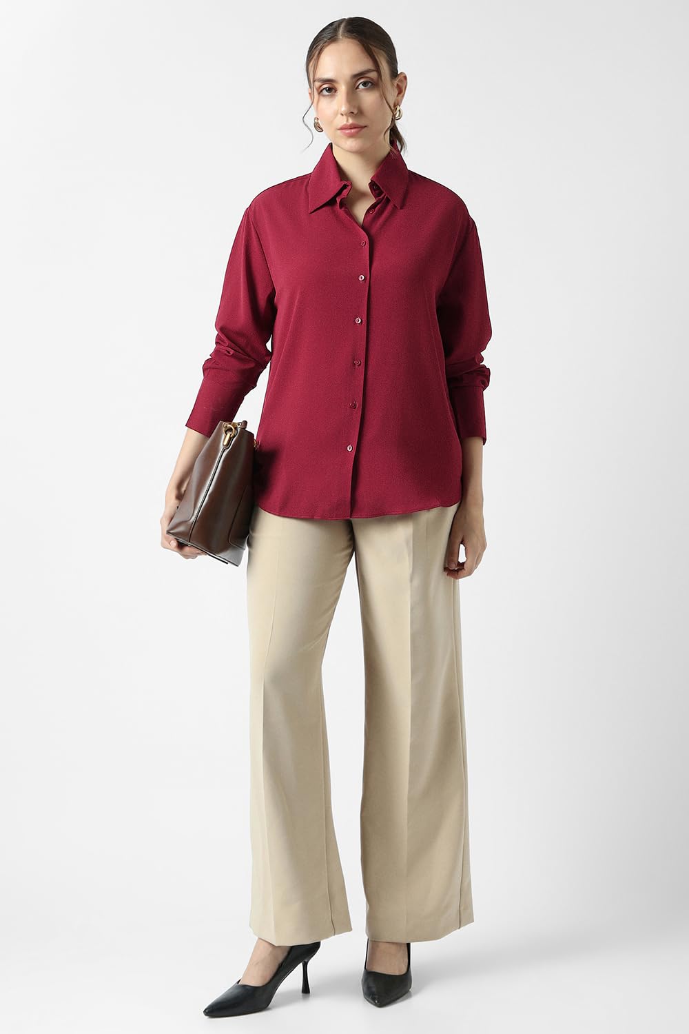 Women Red Solid Long Sleeves Casual Shirt
