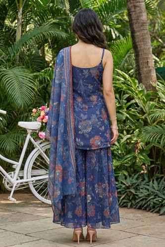 W for Woman Navy Blue Floral Printed Chiffon Noodle Straps Straight Kurta with Sharara and Dupatta Set - (WS13579-127193-S)
