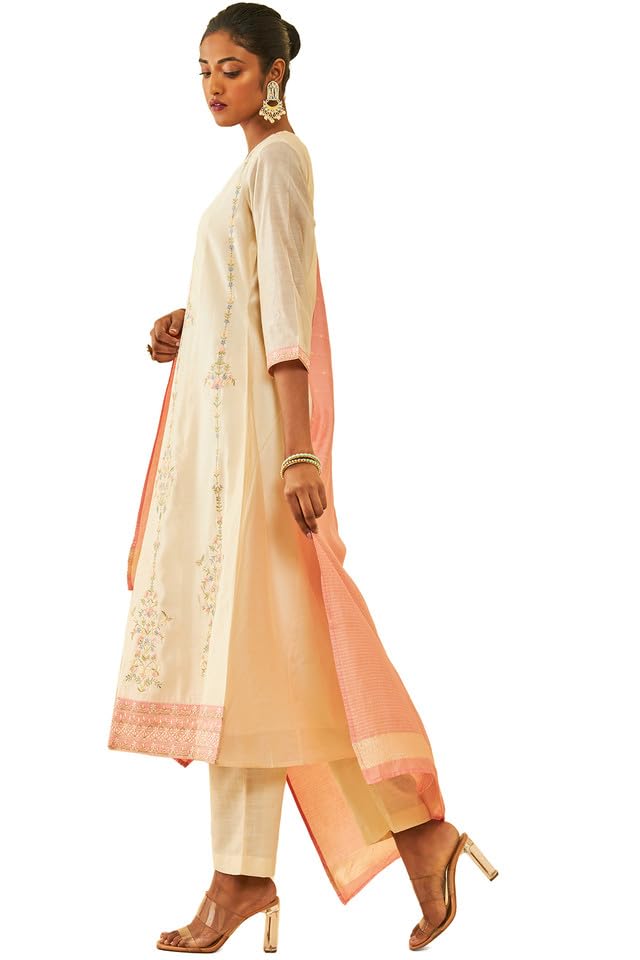 Soch Womens Cream Chanderi Floral Embroidered Suit Set with Zari