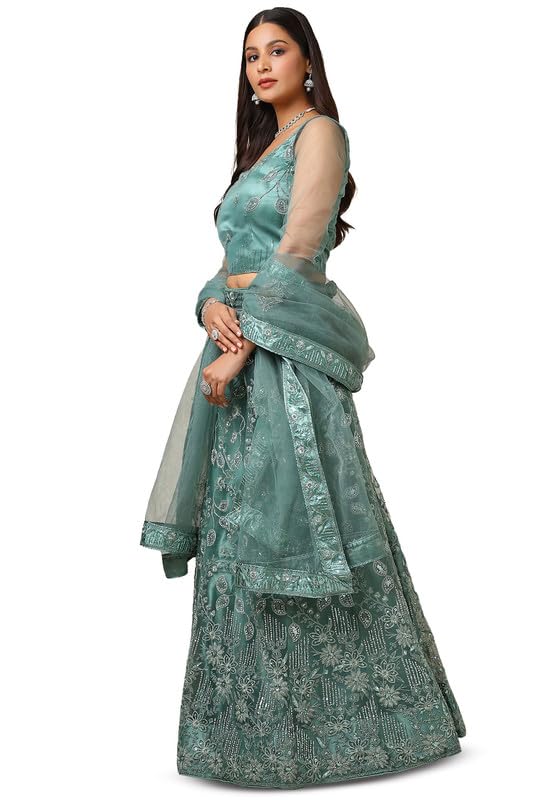 Soch Womens Sap Green Net Embellished Unstitch Ghagra Choli With Stones And Sequins