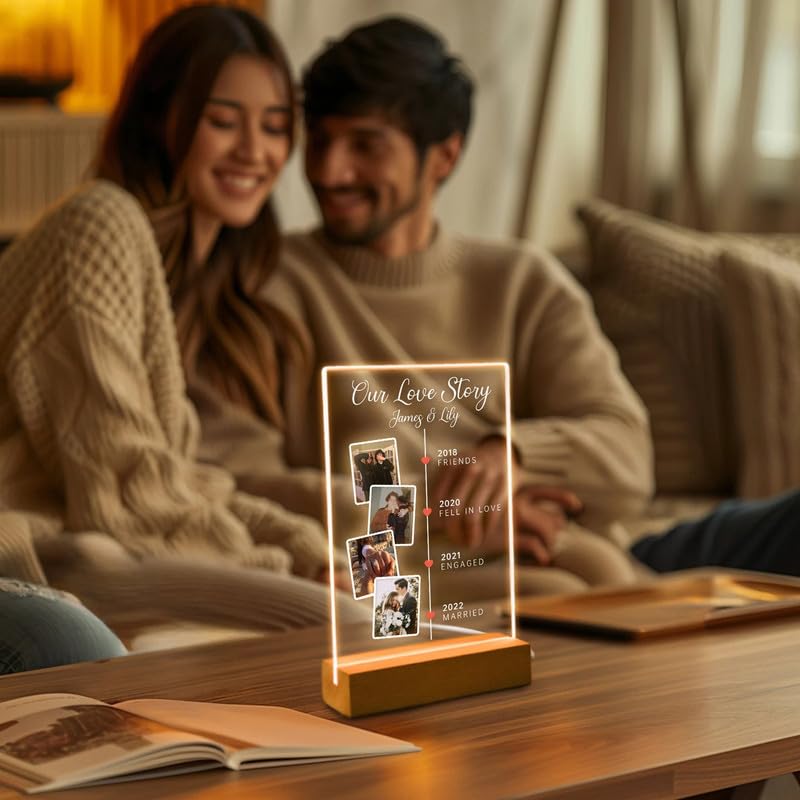 THE GRANDEUR Acrylic Led Rectangular Tabletop Photo Frame Customised Gift, Anniversary Gift, Valentine's Day Gift, Wedding Gifts for Couples, Marriage Gift, Birthday Gifts(Design 1), Brown, 20x15 cm1