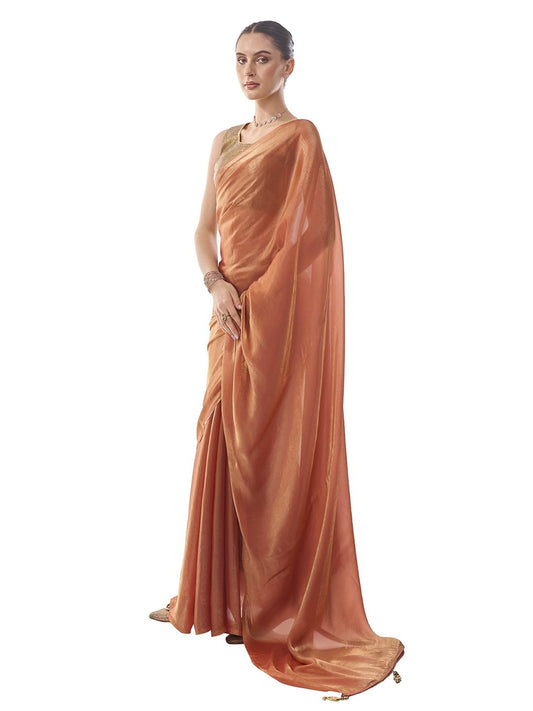 ORHANS Women's Organza Latakan Lightweight Saree With Art Silk Sequence Work Golden Unstitched Blouse Piece