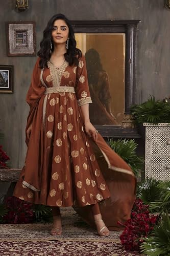 BIBA Women Brown Pure Banarasi Brocade Kalidar Suit Set_38