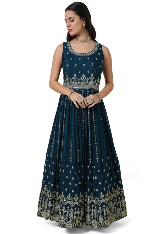 Soch Womens Blue Zari Embroidered Chinon Gown with Stones Work