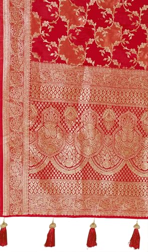 MANOHARI Women's Most Trendy Banarasi Satin Silk Woven Vibrant Red Saree With Heavy Jacquard Work Saree With Blouse Piece_MN2050