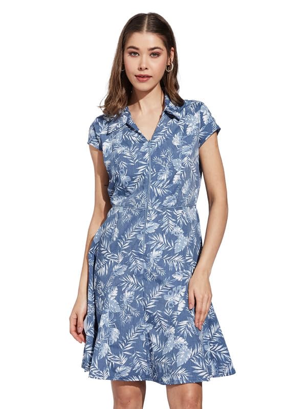 Latin Quarters Women Blue Collar Neck Cap Sleeve Printed A-Line Dress_2XL