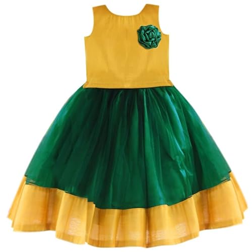 Stanwells Kids GirlsLehnga Choli Net Flared Ruffle Pattern Dress Sleeveless Beautiful Ethnic Beautiful Flower Traditional Full Length Girl Lehnga Choli(Green & Yellow)(3-4Years)