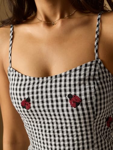 The Souled Store Gingham Dress: Ladybug Women and Girls Sleeveless Square Neck Black White and Red Embroidered Cotton Fit and Flare Smocked Back Casual Summer Everyday Comfortable Trendy Mini Dresses