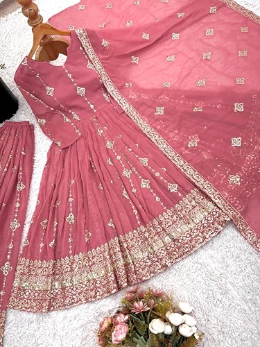 Designer Heavy Crunchy Silk Anarkali Dress for Women | Fully Flared Embroidered Gown with Dupatta | Wedding (in, Alpha, L, Regular, Standard, Peach)