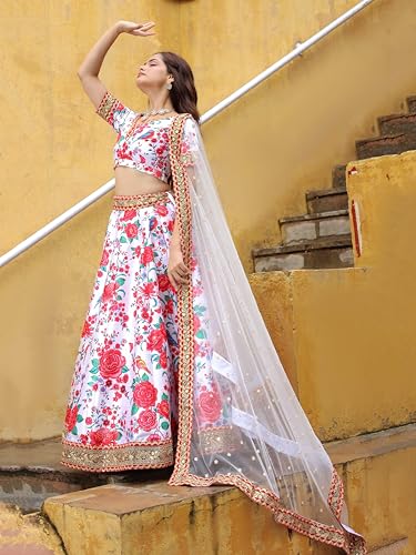 Zeel Clothing Women's Art Silk Digital Print With Dori, Sequins, And Stone Work Art Silk Semi Stitched Lehenga Choli With Dupatta (7512-White-Red-Wedding-Floral-Lehenga-Choli; Free Size)