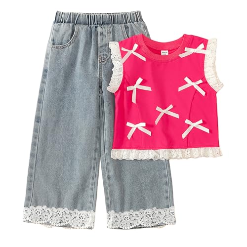 Hoscotch Girls Embellished Pink Sleeveless Jeans Set For Ages (6-7 Years)