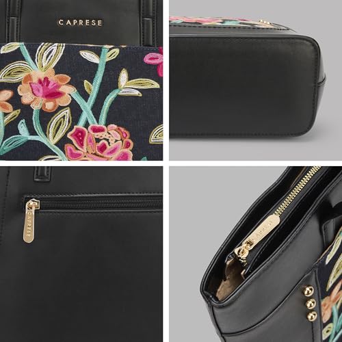Caprese Elsa Large Tote Bag for Women Comfortable Shoulder Strap | Elegant Floral Embroidery & Solid Faux Leather Handbag | Spacious Multi-Compartment Shoulder Bag for Work & Travel (Black)