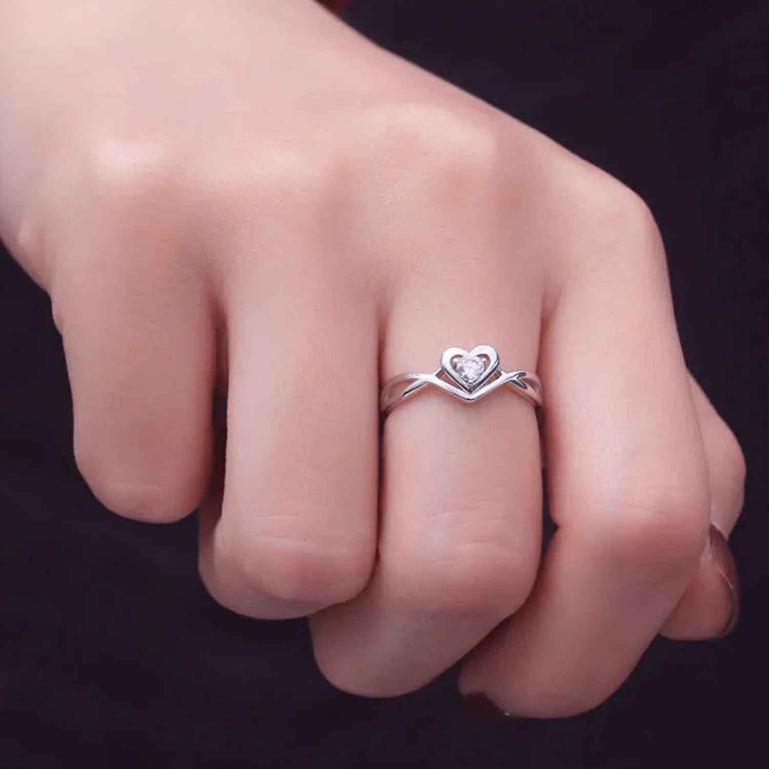 Okos Women Fashion Jewellery Rhodium Plated Solitaire Style Adjustable Heart Finger Ring with Cz Stone For Girls and Women FR1000970WHT