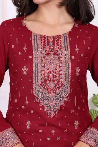 W for Woman Maroon Ethnic Motifs Printed Straight Kurta, Straight Pants and Dupatta Set - (WS13383-314582-XXL)