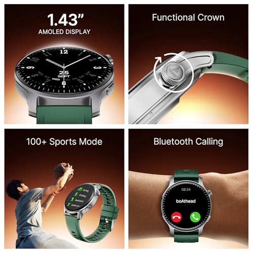 boAt New Launch Ultima Prime smartwatch with 1.43” AMOLED Display, Personalized Fitness Nudges, Functional Crown,100+ Sports Modes, Watch Face Studio (Forest Green)