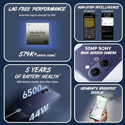 iQOO Z11 Lite 44W 5G (Midnight Blue, 6GB RAM, 128GB Storage) | 6500mAh Battery with 44W Fast Charging* | Dimensity 6300 with 579k+ AnTuTu Score* | OriginOS 6.0 with AI Creation* & Private Space*