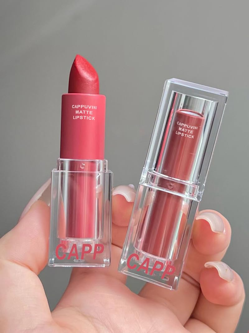 Cappuvini Creamy Matte Mousse Lipstick | Waterproof Smudge-Proof Formula | Comfort with High Pigmentation | Curated Shades Including Nude Brown Coral Terracotta | Transfer-Resistant Long Lasting | Clean Girl Aesthetic Kawaii Packaging | Buildable Coverage