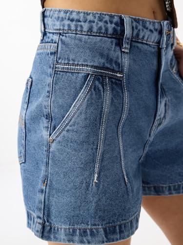 The Souled Store Denim Shorts: Arctic Women and Girls Buttoned Waistband Medium Blue Wash Solid Cotton Regular Fit Stone-Washed Pintuck Everyday Lightweight Denim Shorts