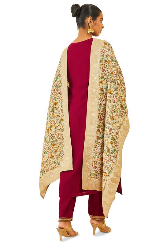 Soch Womens Maroon Silk Blend Embroidered Suit Set with Zari Woven Dupatta