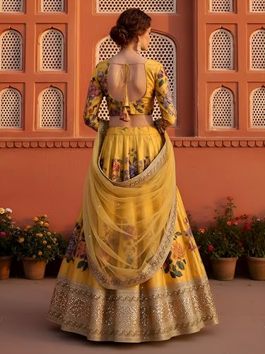 Zeel Clothing Women's Floral Print, Zari and Sequins Embroidered Work Banglori Silk Semi-Stitched Lehenga Choli With Dupatta (7507-Yellow-Wedding-Lehenga-Choli, Free size) (Yellow)