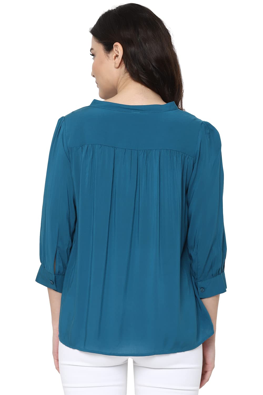 Allen Solly Women's Solid Regular Fit Blouse (AHTSWRGFL48496_Blue S)