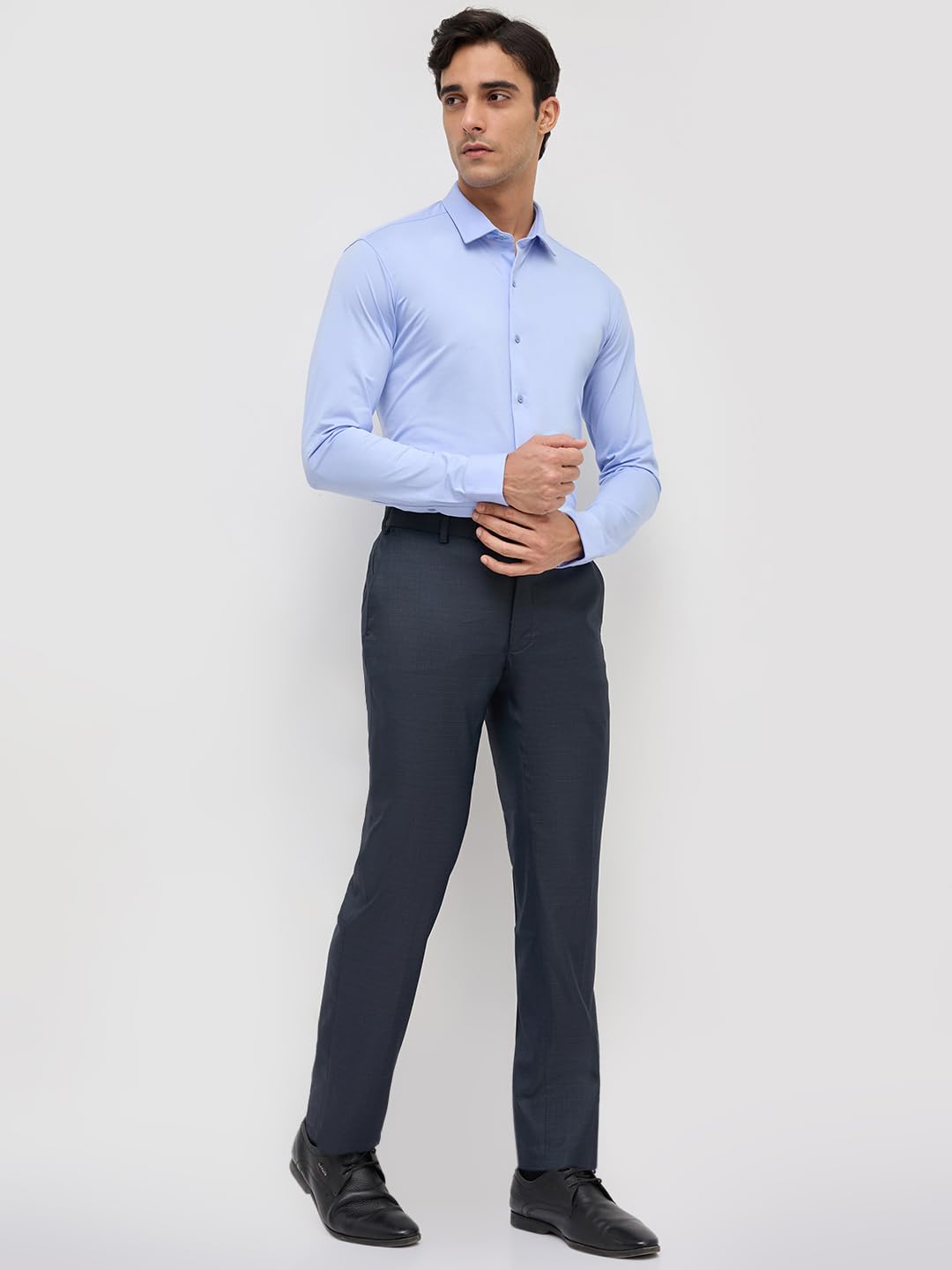 Park Avenue Men Slim Fit Structure Pattern Polyester Blend Flat Front Formal Trouser Dark Blue