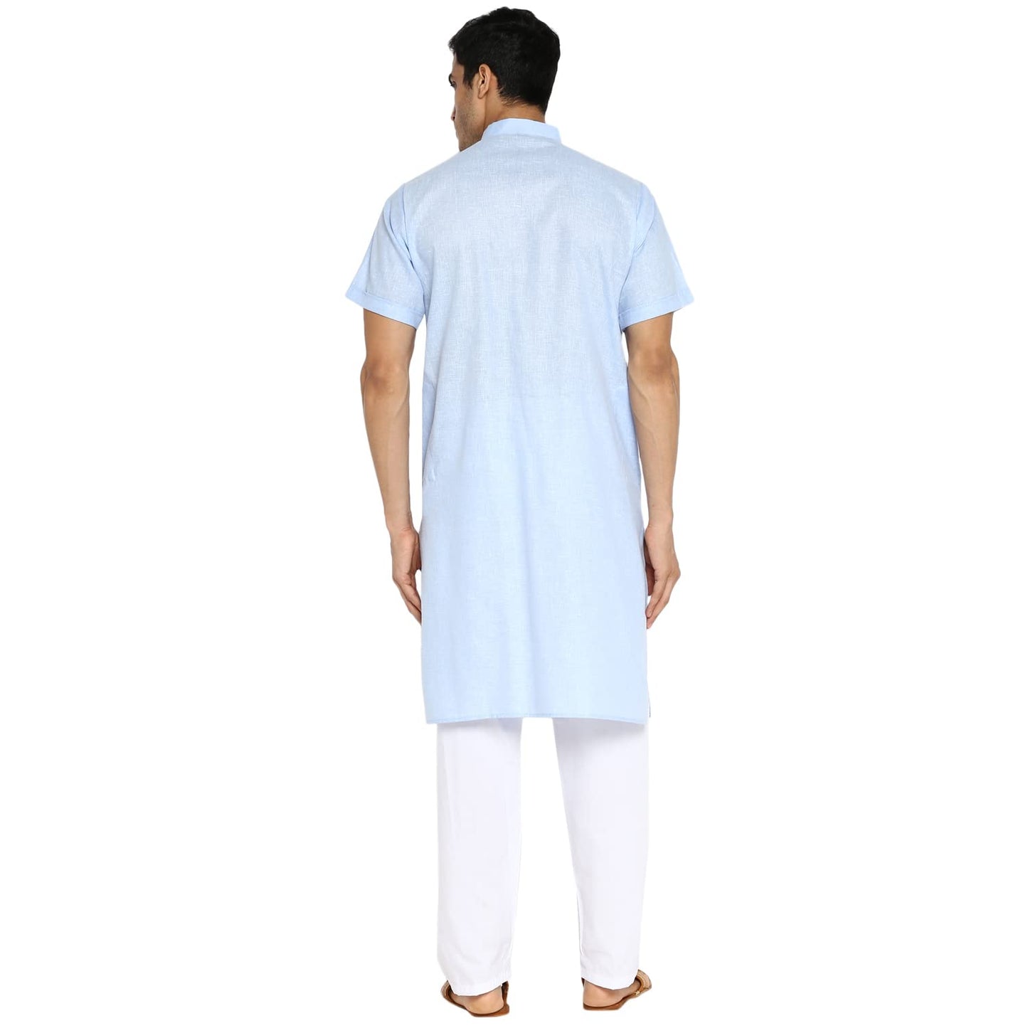 Royal Kurta Mens Cotton Linen Half Sleeved Long Ethnic Kurta (42, Blue)