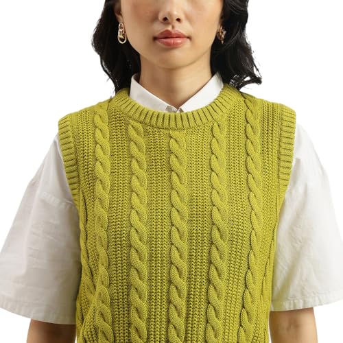 United Colors of Benetton Round Neck Textured Cable Knit Sweater (Size: M)-25A1594D108YGL43 Green