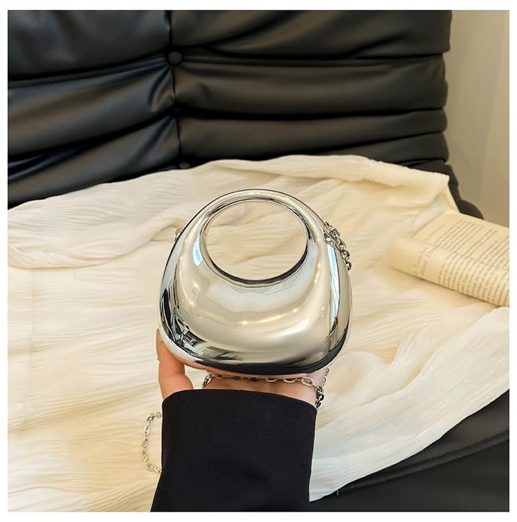 DOSYSO Women and Girls Moon Clutch Purse Acrylic Evening Handbag Crossbody Sling Bags With Detachable Chain Strap Glossy Stylish Latest Small Size Cute Wallet Party Wedding Gift Item (Glossy Silver)