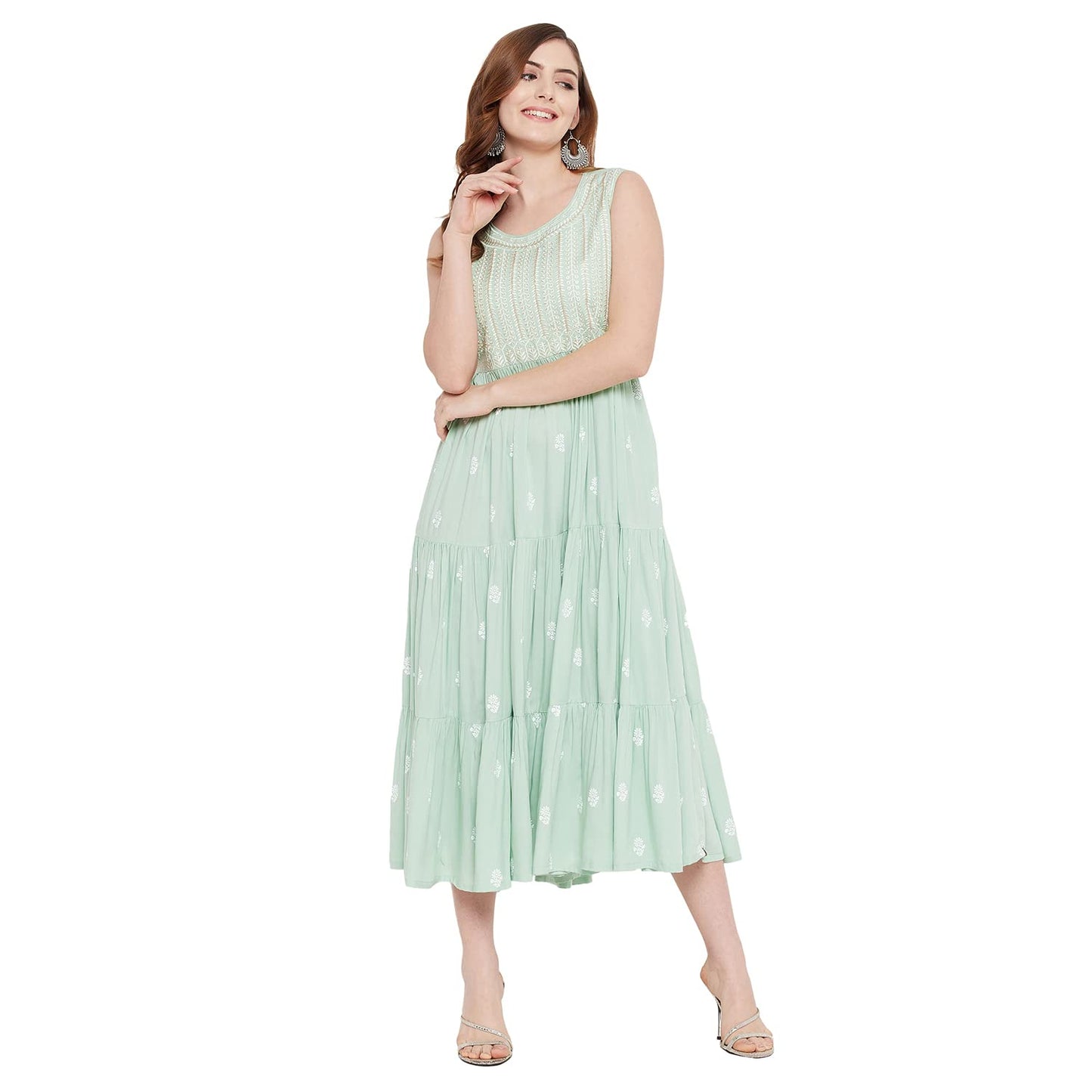 Rangavali Stylish Sea Green Festive Tiered Anarkali Dress for Women | Western A-Line Maxi Sleeveless Long Gown for Womens | Fusion Dresses for Ladies | 1 Pcs Dress | L, 36