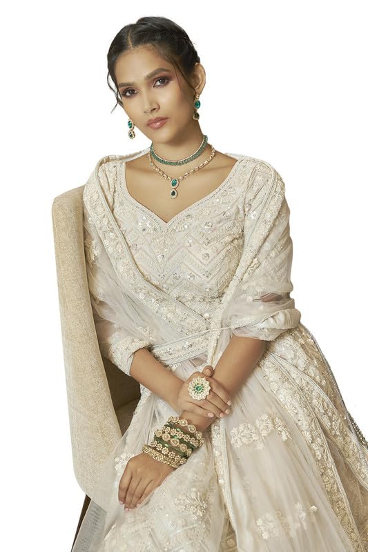 Soch Womens Cream Net Embroidered and Sequin Embellished Unstitched Lehenga Set