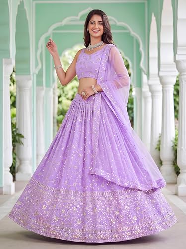 Zeel Clothing Women's Zari and Sequins Embroidered Georgette Lehenga Choli With Dupatta (5058-Lavender-Women-Latest-Lehenga-Choli, Free size)