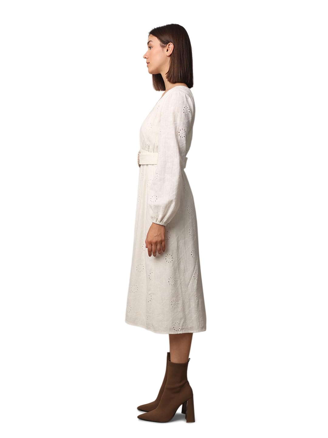 ONLY Women Self Design Casual White Fit and Flare Dress