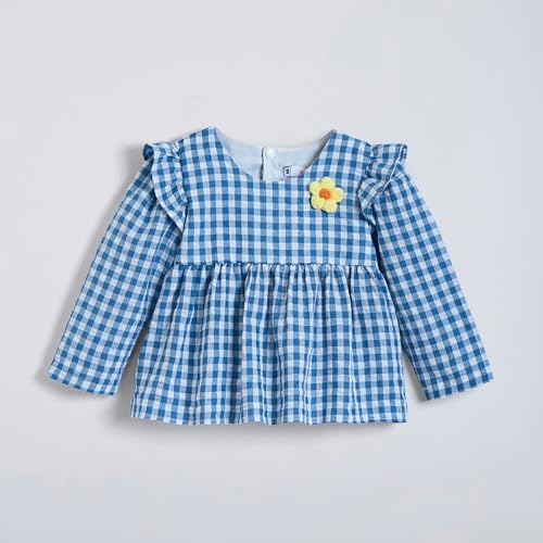 Hopscotch Girls Blue Full Sleeves 2-Pc Floral Applique Checkered Pant Set For Age (5-6 Years)