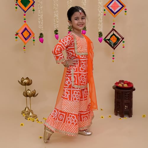 LITTLE GINNIE Cotton Kurta Sharara Set with Dupatta for Girls 1-2 Years - Ethnic Wear for Kids Girls - Orange
