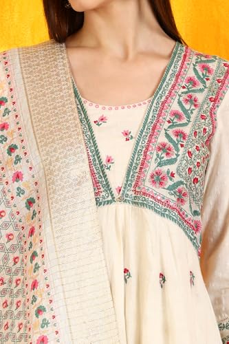 W for Woman Off-White Embroidered Yoke Textured Cotton Anarkali Kurta, Pants and Dupatta Set (Size: XL)-WS12118-222952