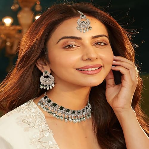 ACCESSHER Blue Silver Tone AD Necklace Set With Matching Earrings & Maangtikka with a Pair of Gold Plated Earring Supporter & Maangtikka Supporter Patch Sticker | For Women & Girls