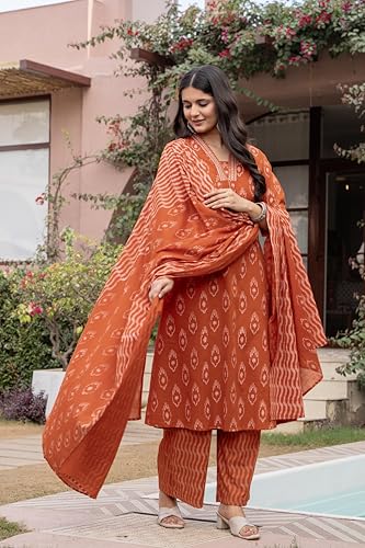 Pistaa's Women's Pure Cotton Anarkali Printed Kurta with Palazzo & Dupatta Set (Rust, XXX-Large)