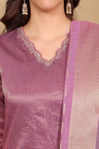 W for Woman Purple Chanderi Lurex Stripe Embroidered Kurta, Pants ad Dupatta Set (Size: XL)-24FEWS19932-313446