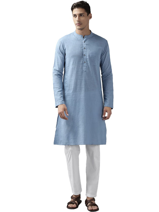 See Designs Mens - Specially Crafted And Designed for the Eid Festival Men Blue Cotton Printed Straight Slub Effect Kurta Set With Pyjama - Sdkt102101L (Large) - SDKT102101L