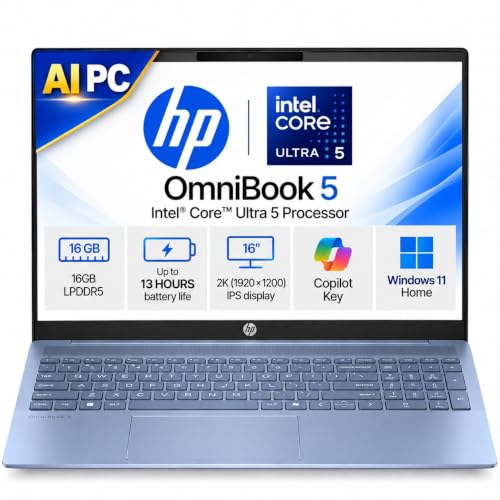 HP OmniBook 5, Intel Core Ultra 5 225U, 16GB LPDDR5 RAM, 1TB SSD, 16-inch WUXGA 2K IPS Anti-Glare Display, Win 11, Microsoft 365 Basic* + Office 2024, Sky Blue, 1.77 kg, Backlit KB, AI PC, af1109TU
