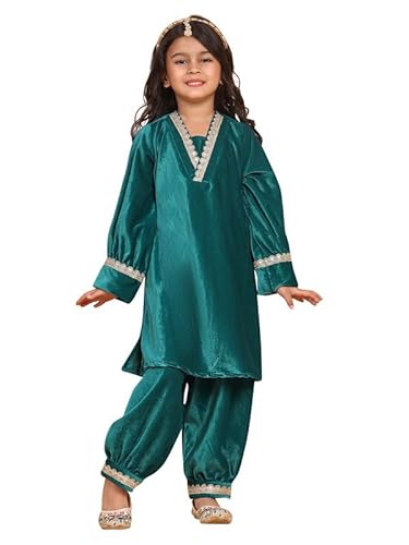 superminis Girls Velvet Lace Work Kurti Duppata and Matching Afgani Ethnic Wear Set (7-8 Years, Green)