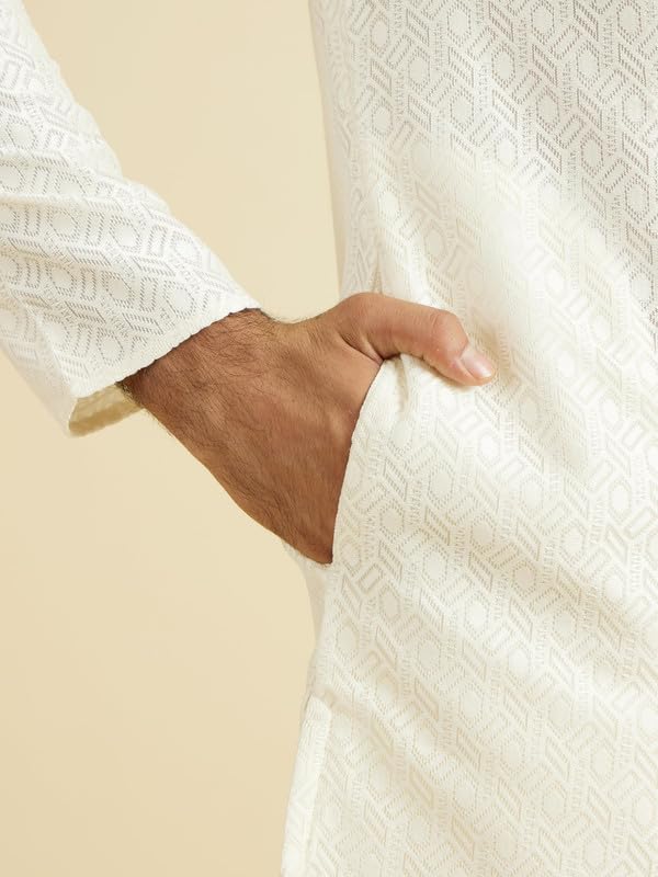 Manyavar Men's Art Silk Self Design Kurta Pyjama Set (Cream,S)